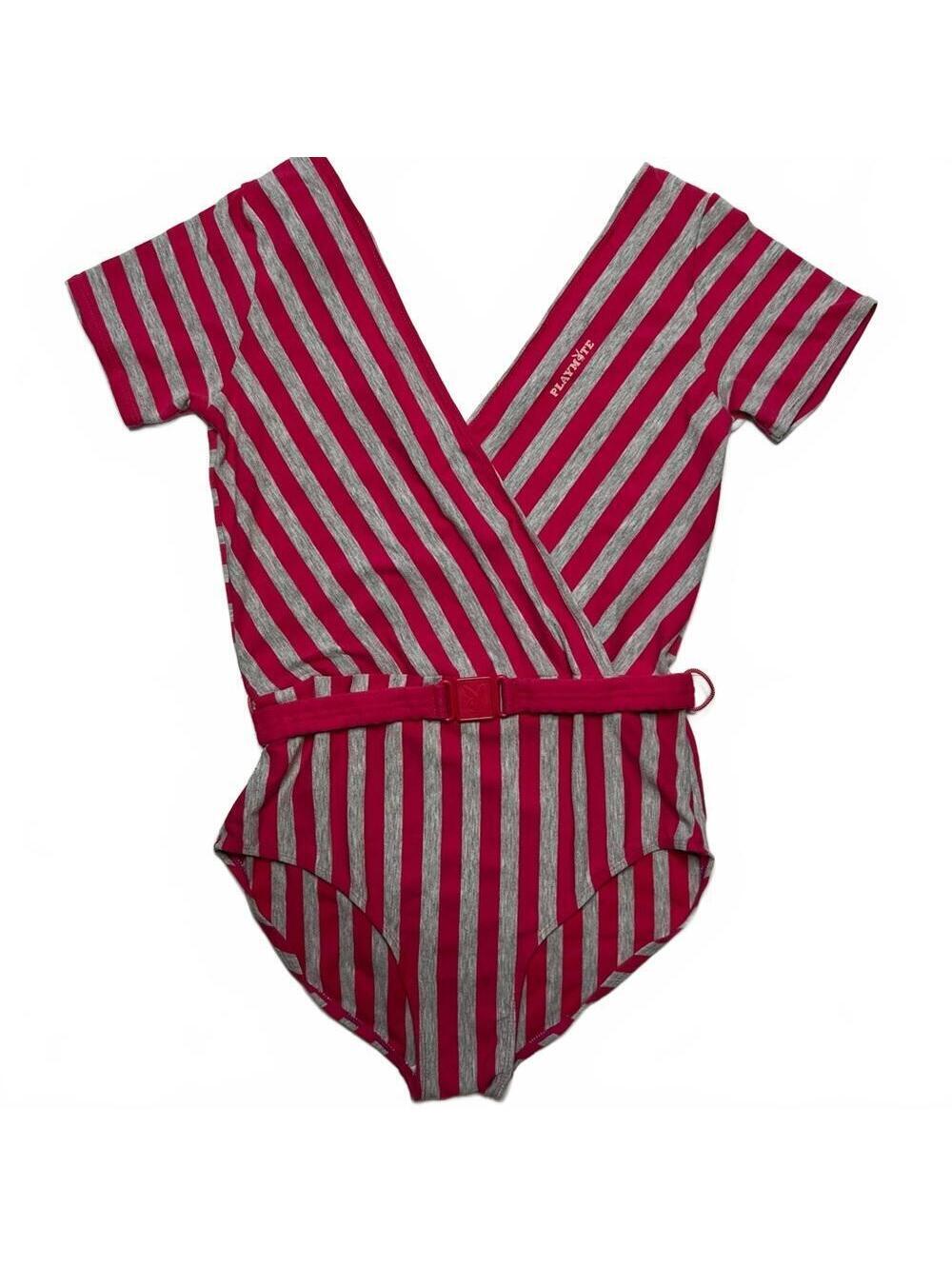 Vtg 80s Playboy Playmate Striped Bodysuit Large Belted Plunge V Neck Leotard - Picture 1 of 8